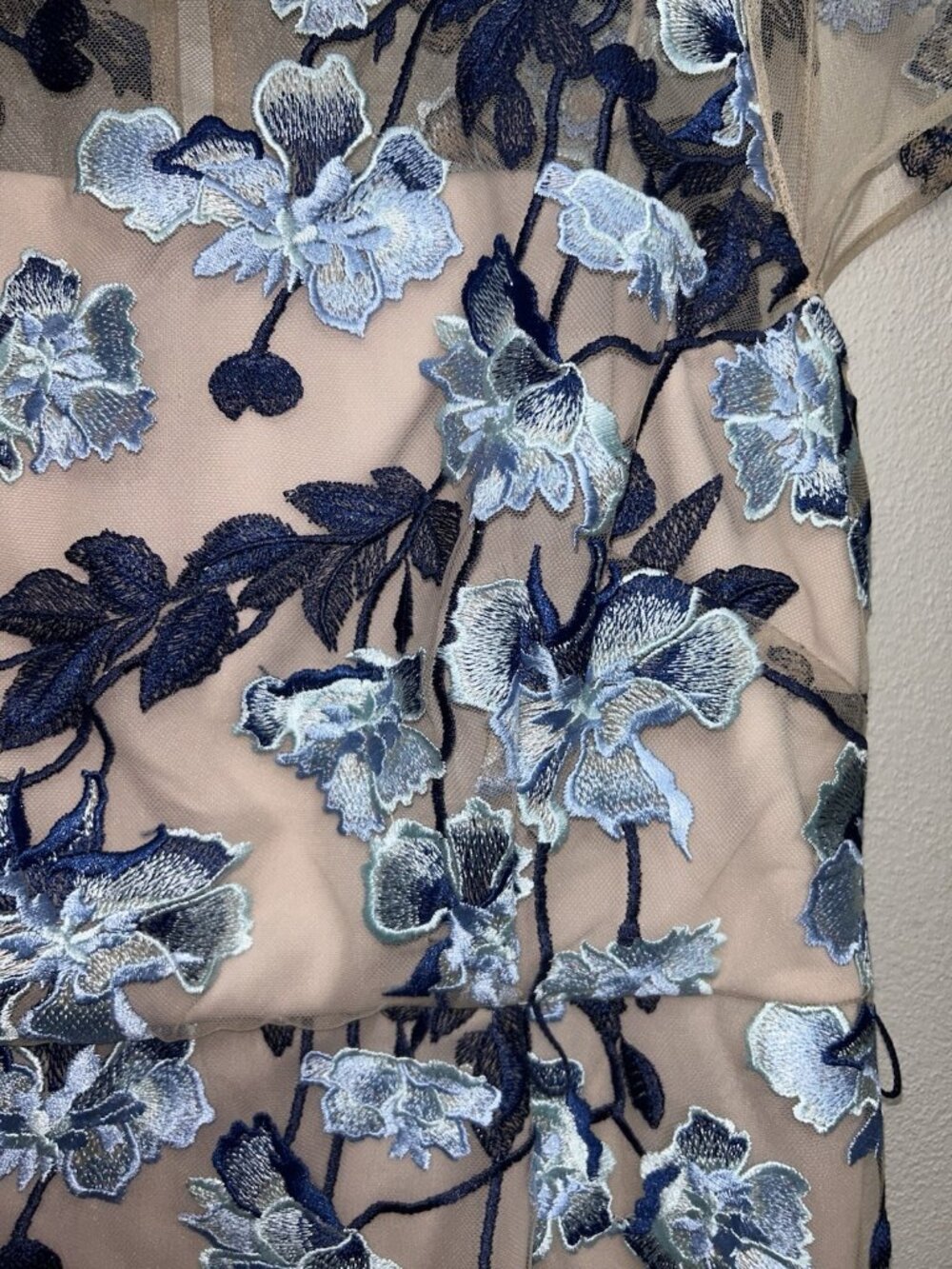 Adrianna Papell Midi Dress Size 12 Blue Floral Embroidered Cocktail Short Sleeve - Picture 13 of 16